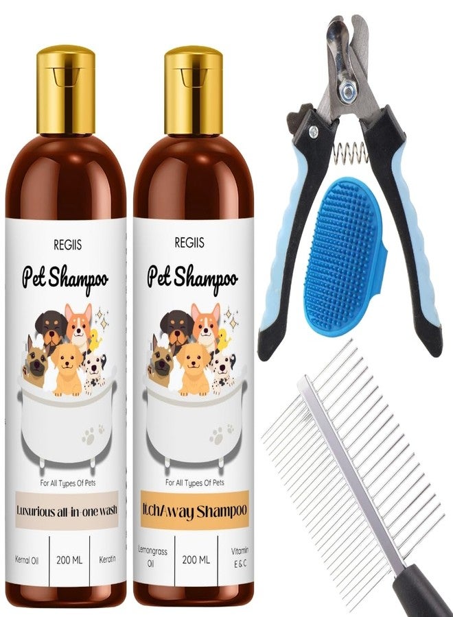 REGIIS Pet Grooming Kit with Dog Shampoo Set, 2x200ml All-in-One and Itch Away Formula, Nail Clipper, Brush, Metal Comb(PACK OF 5) - Image 1